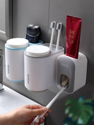 Toothpaste Dispenser and Toothbrush Holder Combo for Family Use

