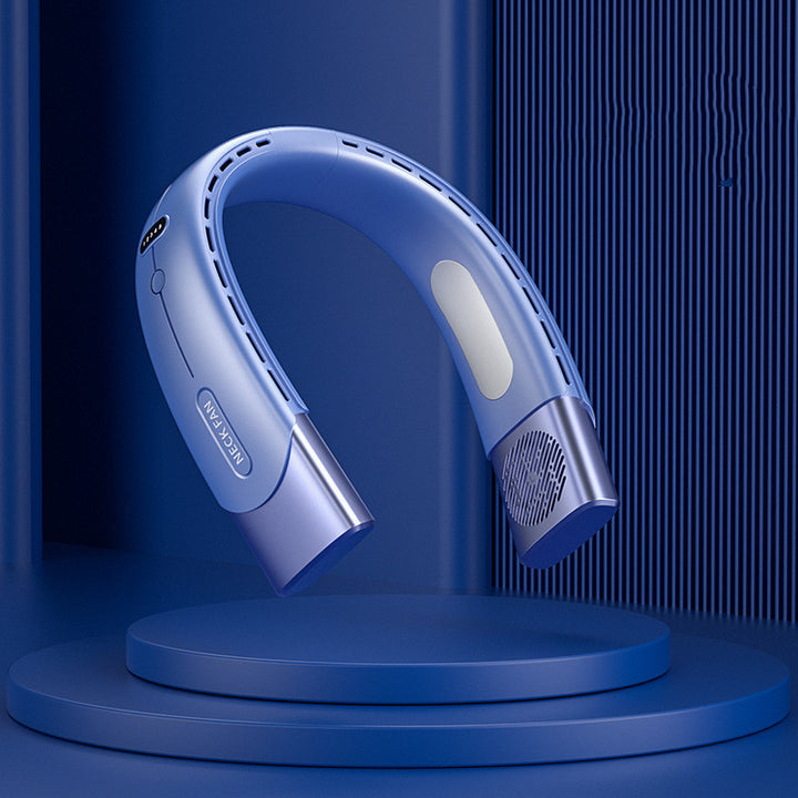 Close-Up of Neck Cooling Fan Worn Around Neck, Showing Bladeless Design