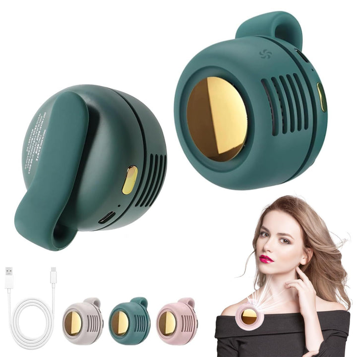 Green electronic device with gold center, cable, and woman wearing it on white background, portable neck fan


