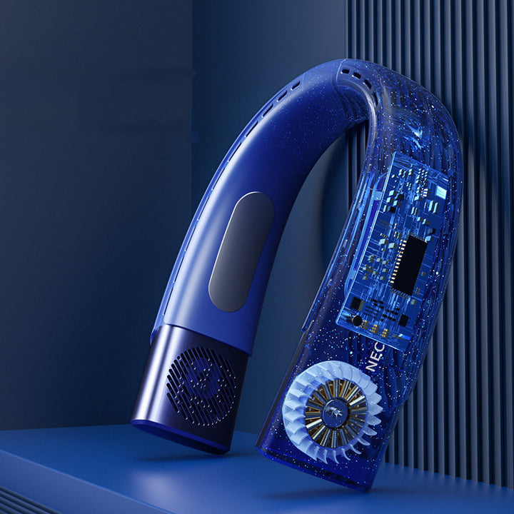 Wearable Neck Fan on Display Stand Showing Front and Side View