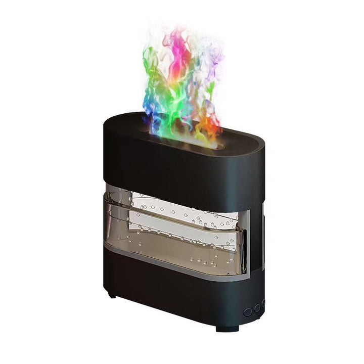 Quiet flame-effect humidifier with modern decorative design