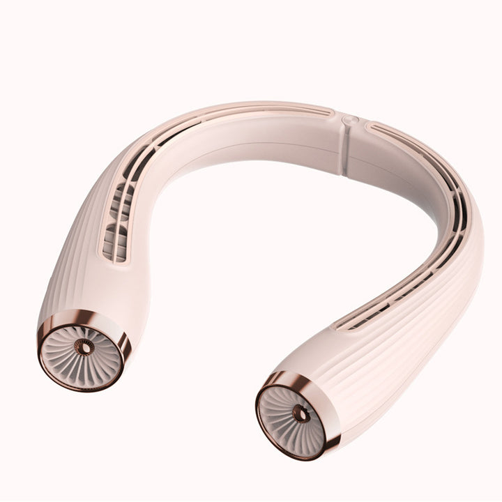 User Wearing USB Cooling Neck Fan During Outdoor Activity in Hot Weather