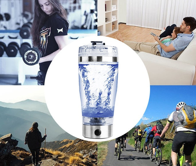 “Fast-blend electric shaker cup for sports and workout drinks